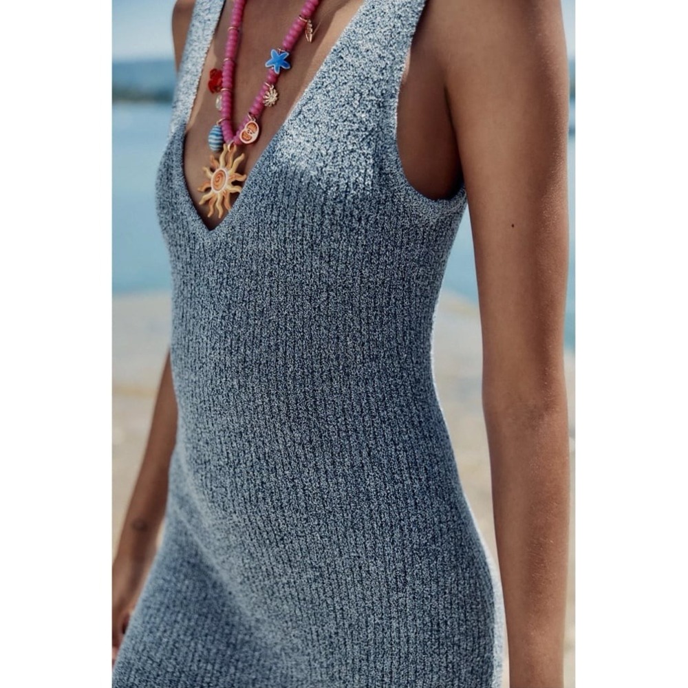 Zara Knit Blue V-Neck Midi Dress Size Medium - Picture 3 of 10